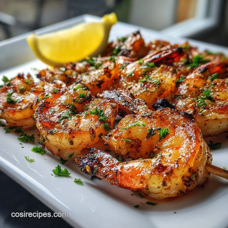 Grilled shrimp and pineapple skewers elegantly arranged on a white plate, garnished with cilantro and a lime wedge, hintin...