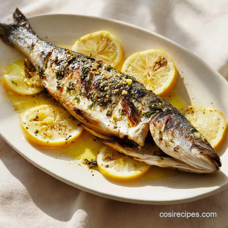 Elegant plated branzino, flaky white fish contrasted by charred skin, alongside bright green herbs and a wedge of vibrant ...