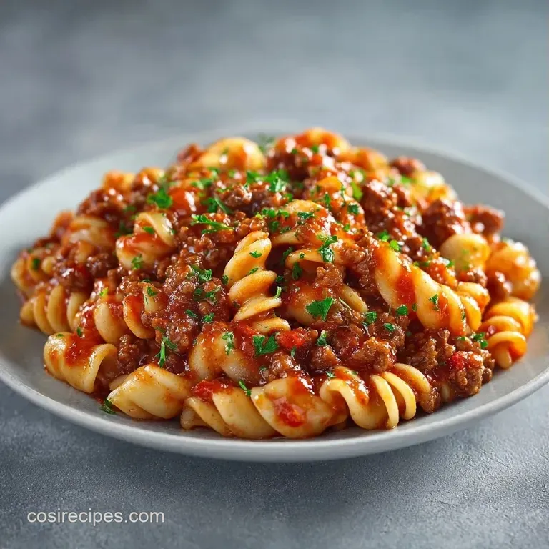 A swirl of cheesy beef pasta with bright green basil leaves on a white plate, showing glossy sauce and tender noodles.