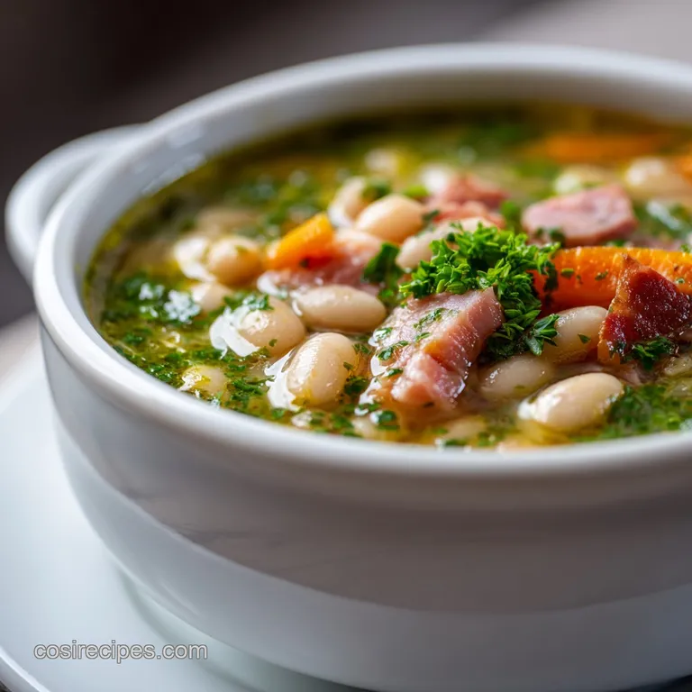 Creamy bean soup swirled with olive oil, garnished with fresh parsley, and served in a speckled ceramic bowl, appearing wa...