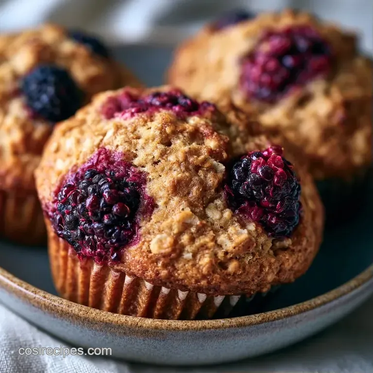 Three golden-brown muffins on a white linen cloth, topped with toasted oats and juicy, dark purple berry bursts.