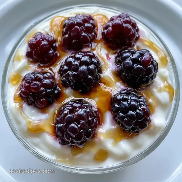 A glass flute showcasing alternating layers of velvety white cream and deep purple berries on a marble surface.