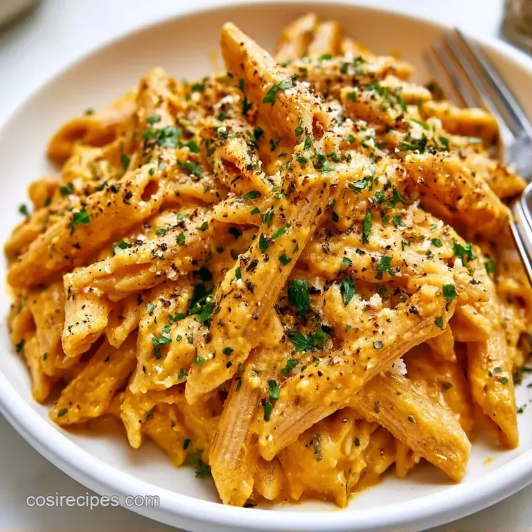 Elegant white bowl filled with orange pasta, topped with crisp sage leaves and a sprinkle of white cheese.