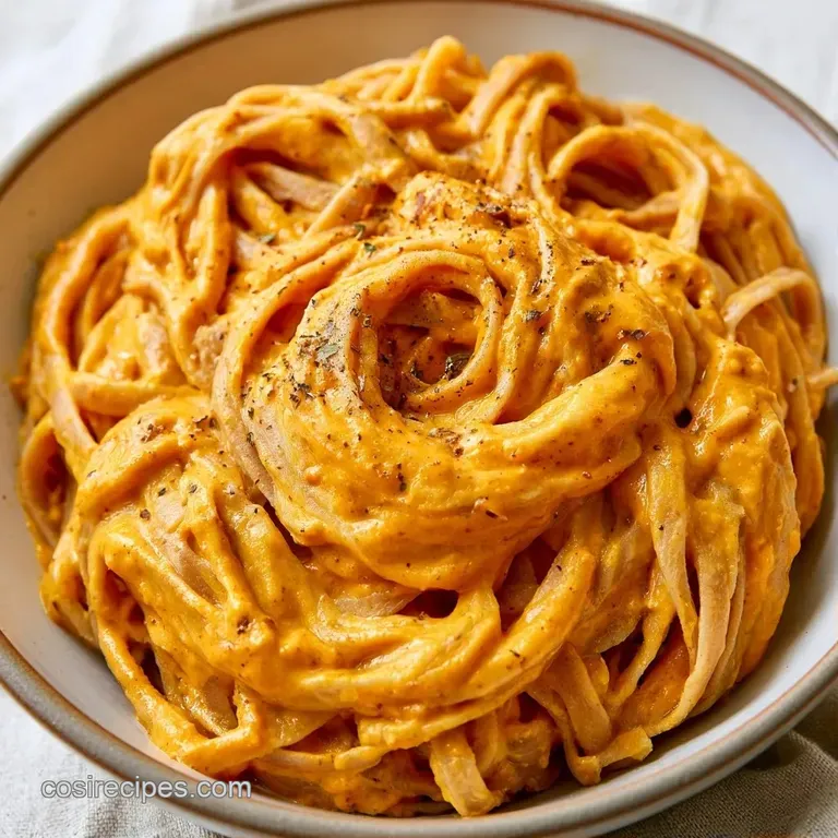 Elegant white bowl of orange creamy pasta topped with a single fried sage leaf and a sprinkle of white cheese.