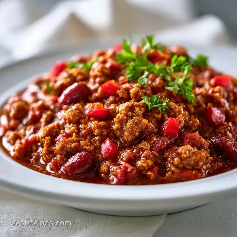 Deep red stew topped with melted yellow cheese and a dollop of cream, paired with crunchy corn chips on the side.