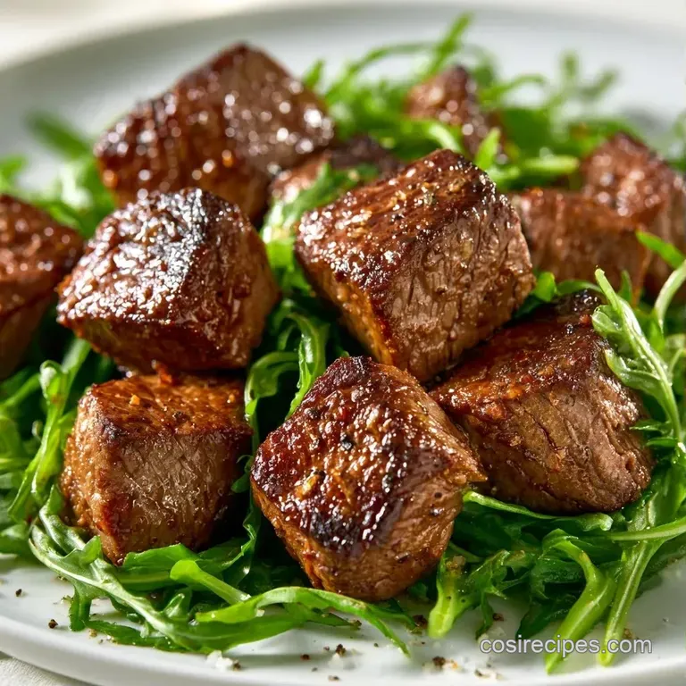 Sliced seared beef arranged artfully on vibrant garden greens with crumbled white feta and a light balsamic drizzle.