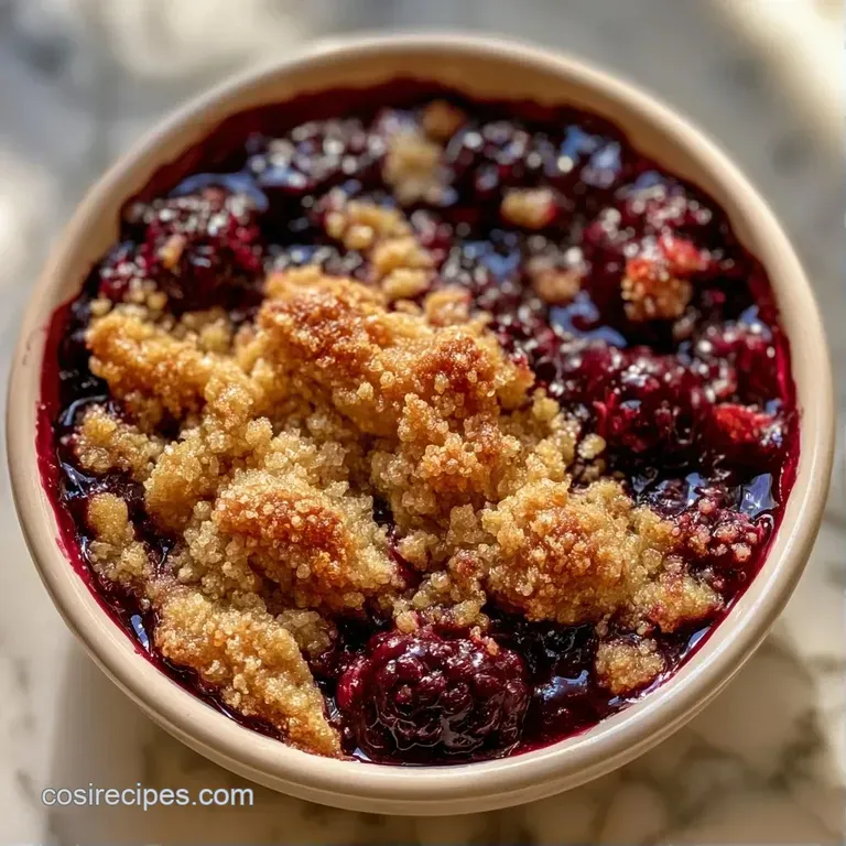 A warm slice of berry crumble on a white plate, topped with a melting scoop of creamy vanilla ice cream.