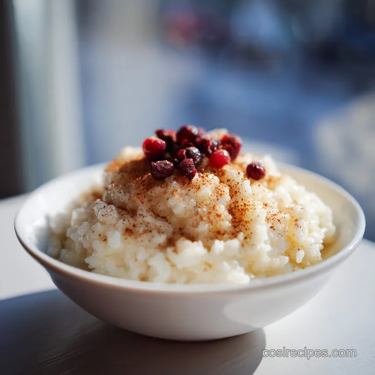 A steaming bowl of creamy rice porridge, artfully garnished with a sprinkle of fresh berries.