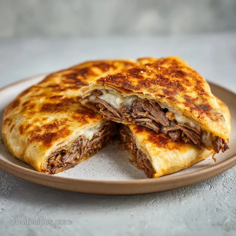 Sliced toasted tortilla wraps revealing layers of seasoned beef, melted cheese, and crisp lettuce on a white platter