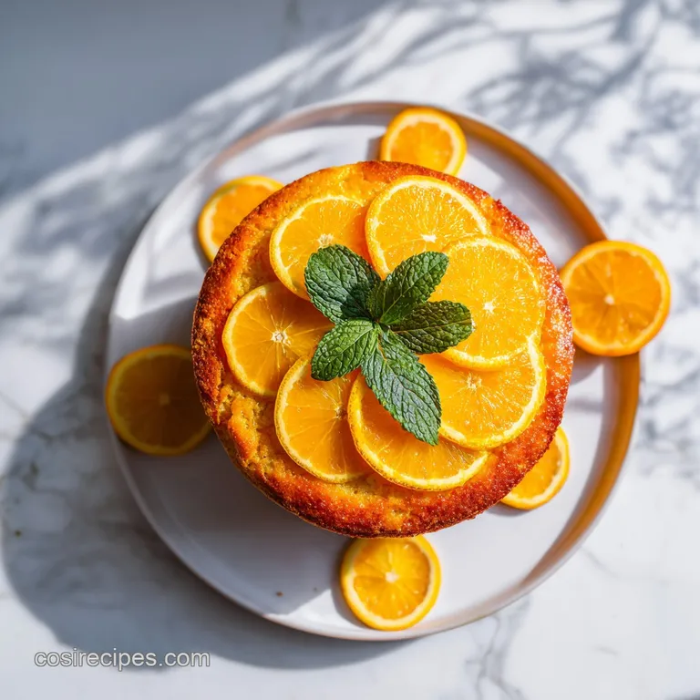 A slice of fluffy orange cake with a glistening glaze sits elegantly on a white plate.