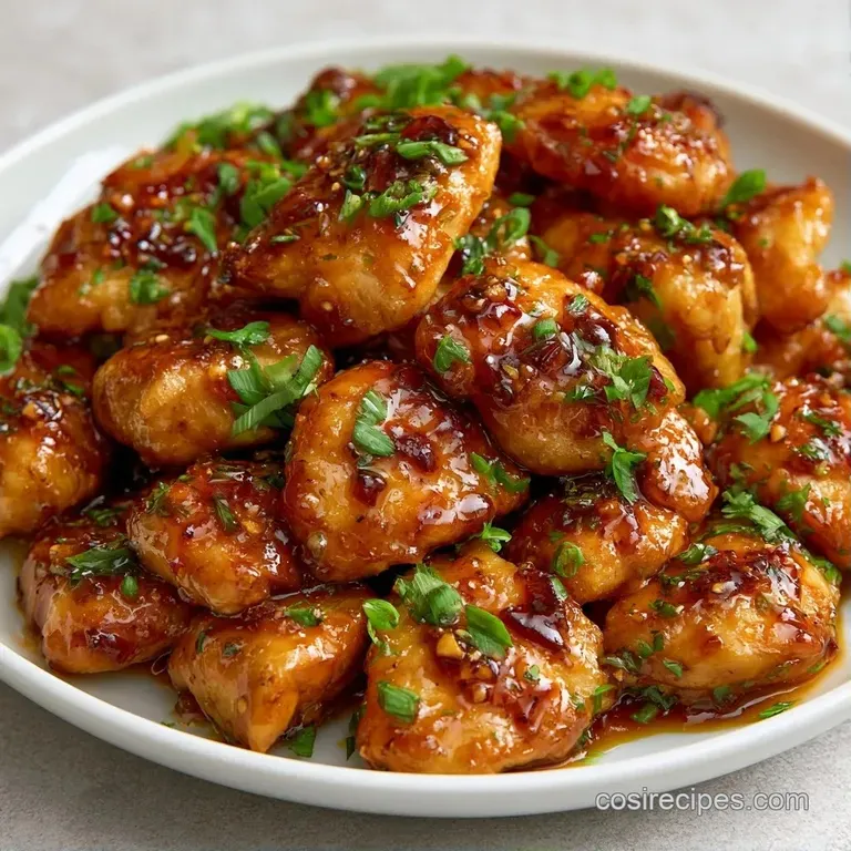 Glistening chicken chunks served on a white ceramic plate with steamed broccoli and a drizzle of savory garlic sauce.