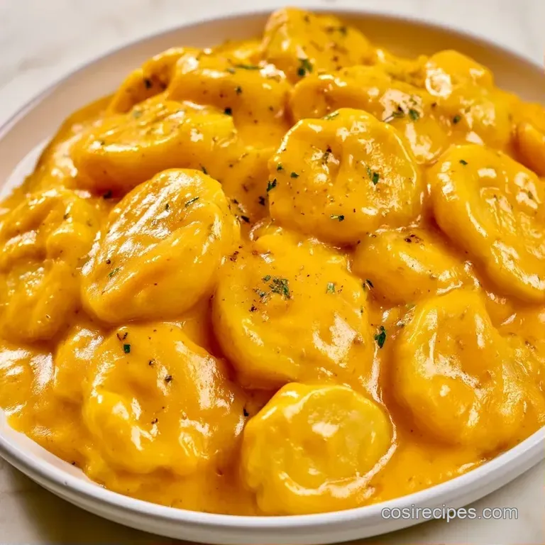 Elegant platter of sliced potatoes smothered in smooth yellow cream, topped with sliced egg and briny black olives.
