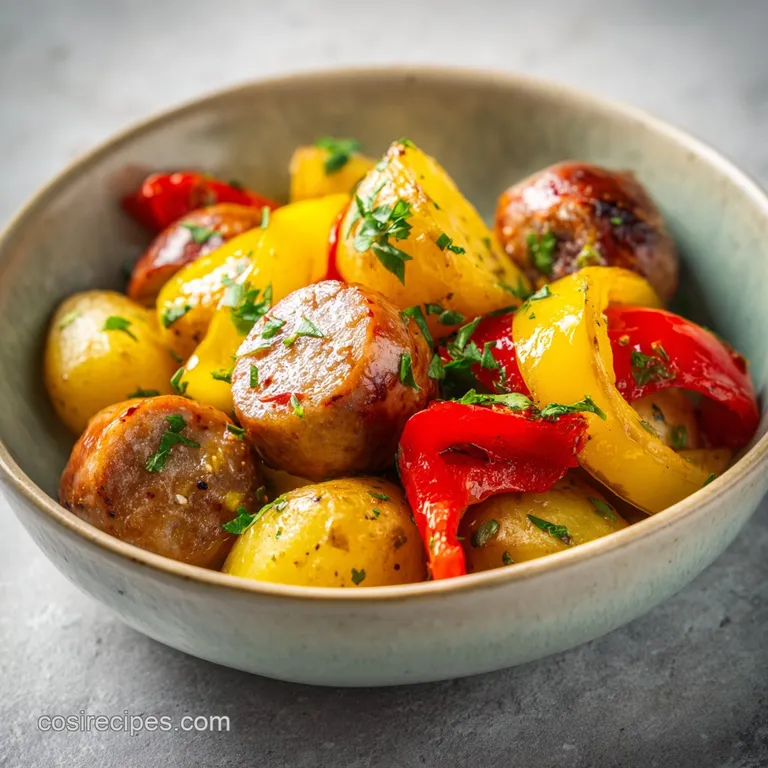 A single, perfectly browned sausage rests atop a swirl of vibrant green pesto, artfully arranged with crispy potatoes.