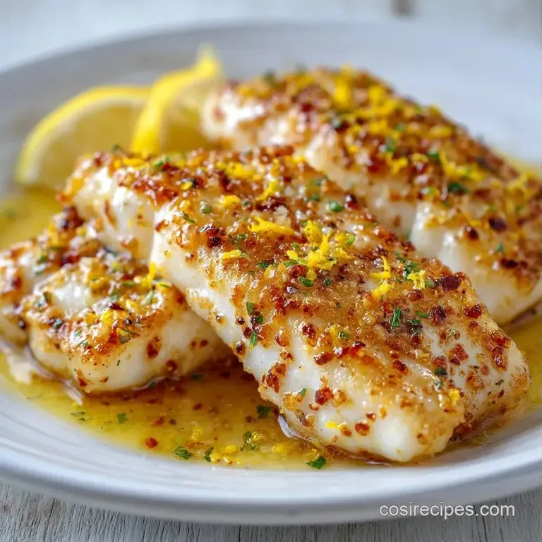 Perfectly plated white fish fillets with golden butter sauce and lemon wheels on a minimalist ceramic dish.