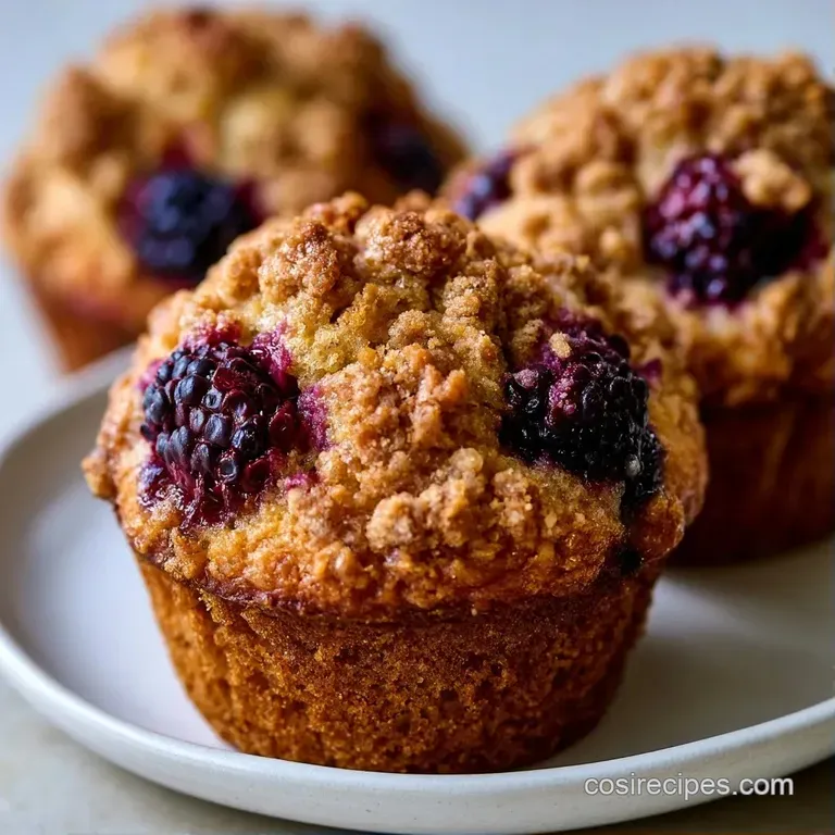 Three fluffy golden cakes on a white ceramic platter, accented by fresh blackberries and a dusting of powdered sugar.