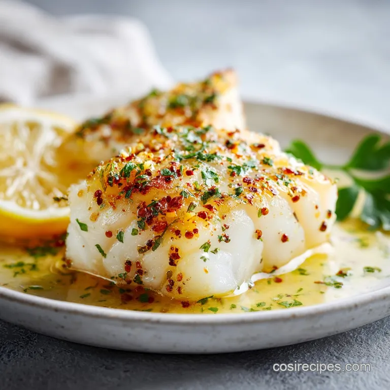 Lemon-garlic cod elegantly plated, showcasing moist white flesh alongside vibrant green beans and a bright lemon wedge.