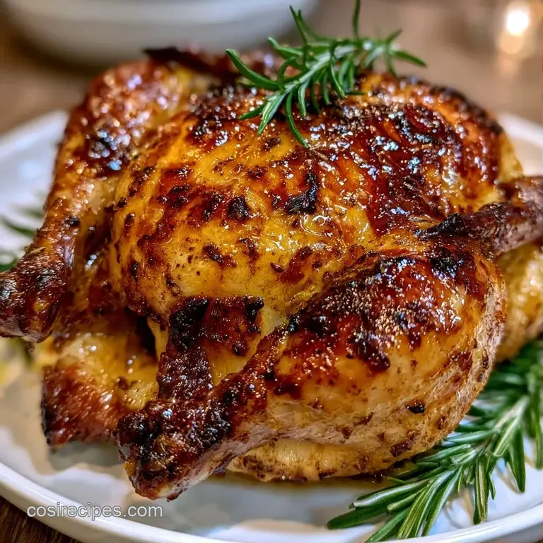 Elegant plating of juicy roast poultry with glistening skin, roasted garlic cloves, and a wedge of yellow lemon.