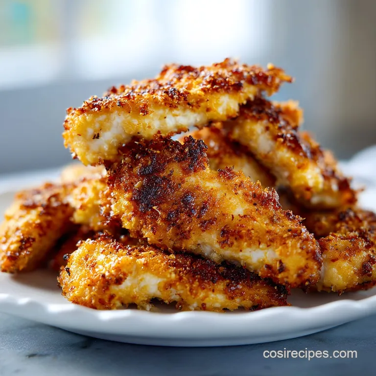 Three golden chicken tenders coated in parmesan on a white plate with a bright green lemon wedge, and parsley.