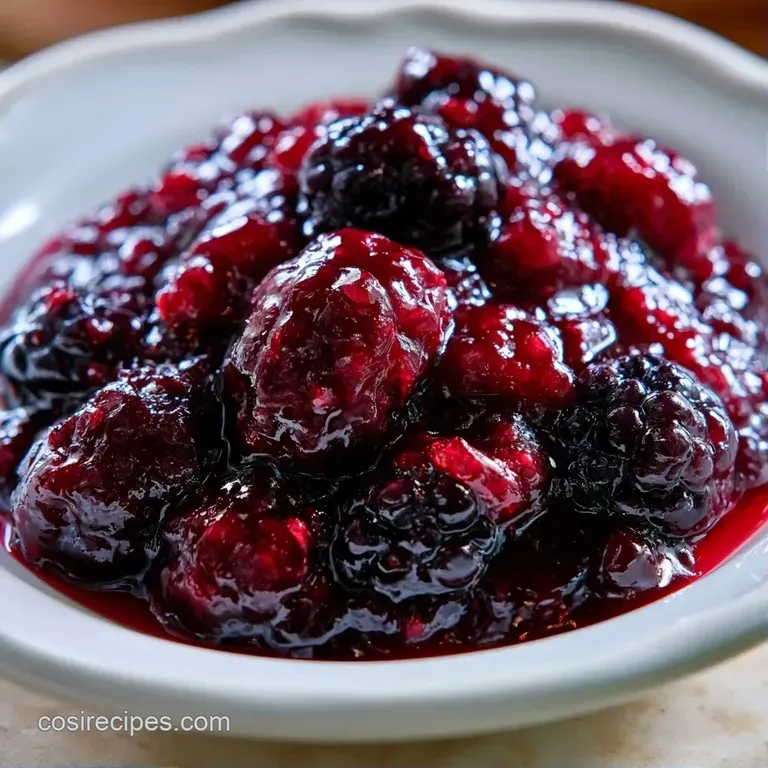 A dollop of dark purple fruit preserve on a toasted sourdough slice, garnished with a fresh blackberry and mint leaf.