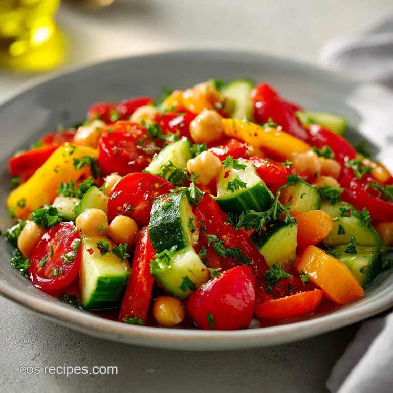 Freshly chopped vegetables and crumbly feta arranged on a white ceramic platter with a sprinkle of green herbs.