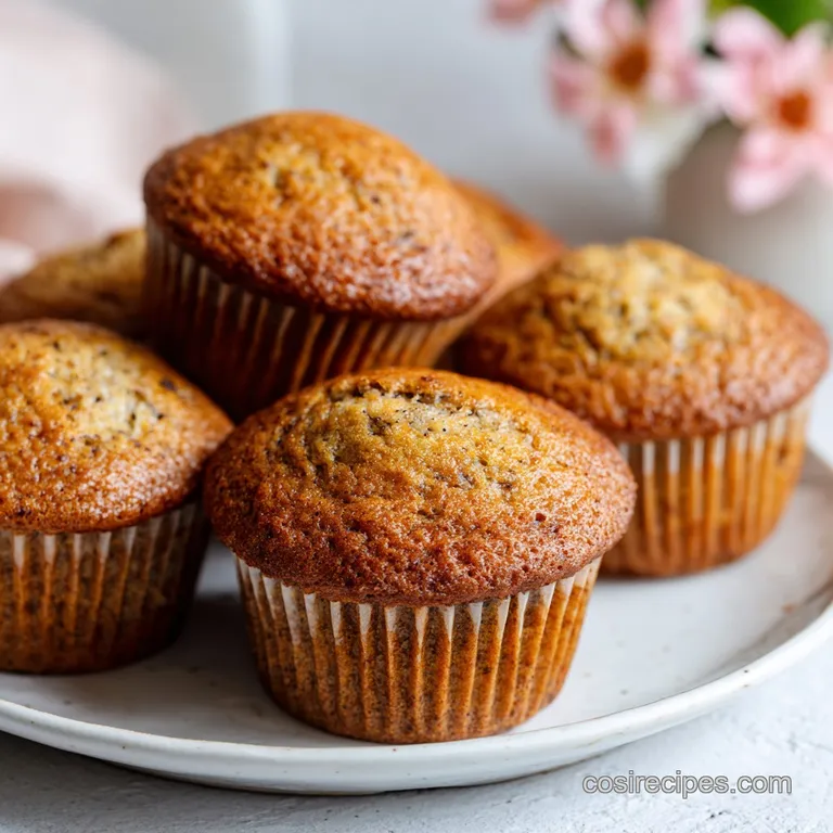 Warm banana bread muffins, lightly dusted with powdered sugar, artfully arranged on a white ceramic plate with a sprig of ...