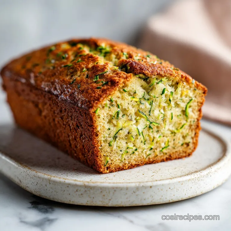 A slice of tender zucchini bread, lightly dusted with powdered sugar, served with a dollop of whipped cream.