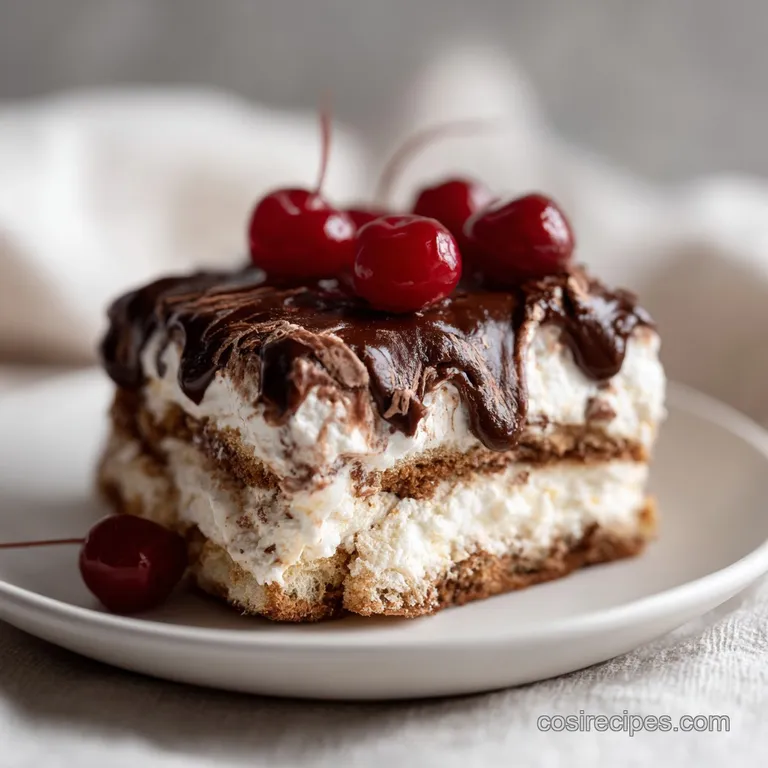 A slice of eclair cake revealing creamy vanilla pudding and stacked chocolate wafers, drizzled with glaze.