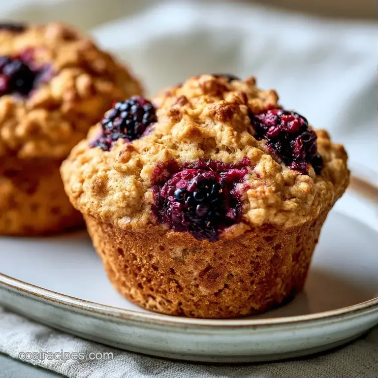 A wooden board featuring golden-brown muffins beside a handful of fresh berries and a drizzle of honey.