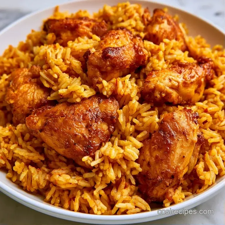 A scoop of vibrant yellow rice and seared chicken garnished with fresh herbs and lime on a white ceramic plate.