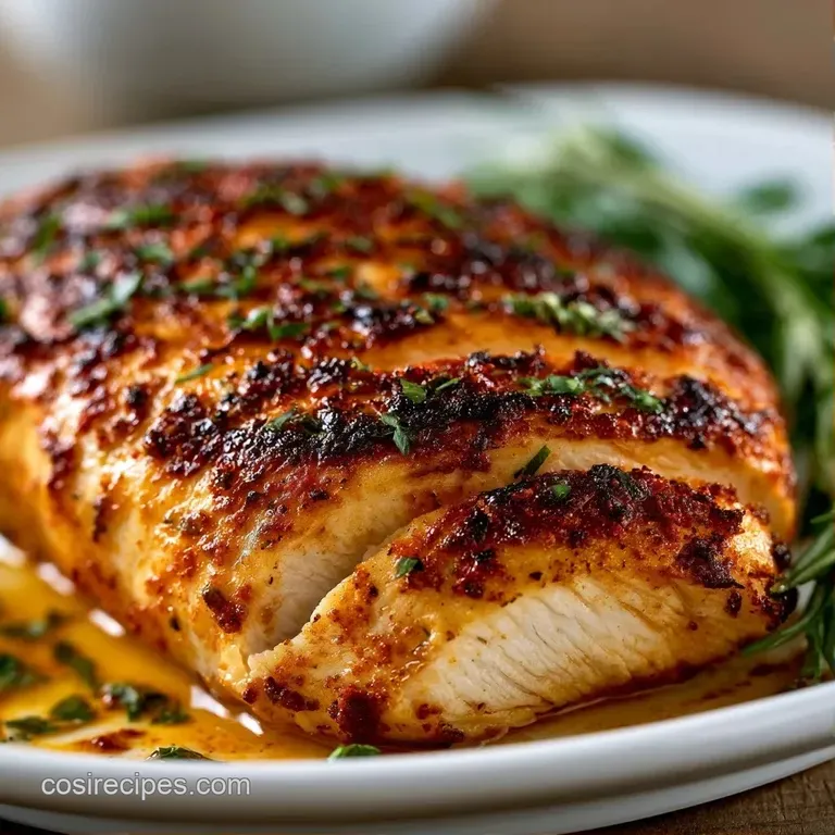 Sliced golden chicken breasts arranged over steamed asparagus and baby carrots with a glossy pan sauce drizzle.