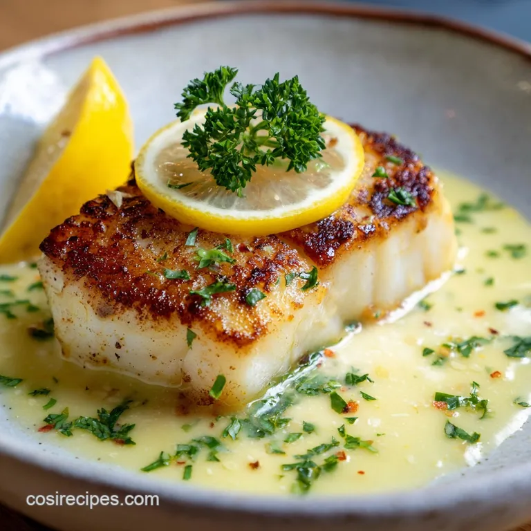 Elegant plate featuring a pearly white sea bass fillet drizzled with bright lemon butter, alongside vibrant green asparagu...
