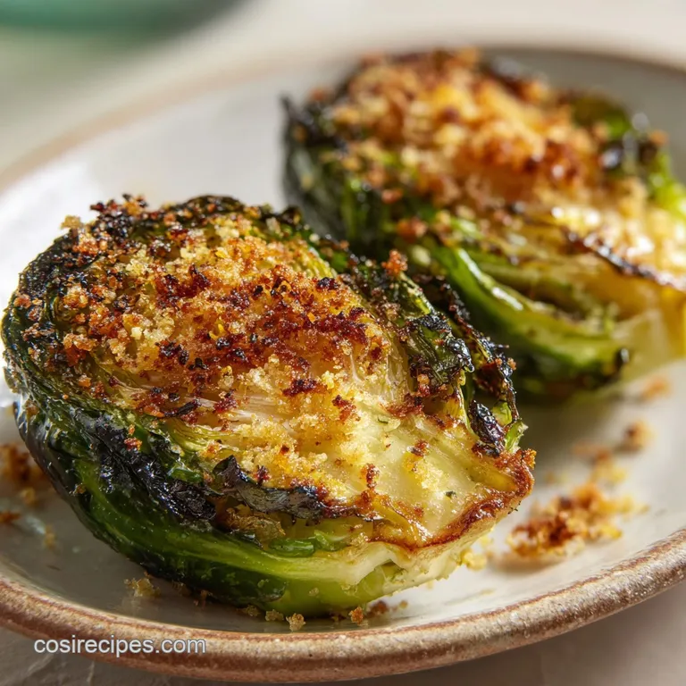 Small heap of charred green sprouts topped with shaved parmesan and a sprinkle of black pepper on a white plate.