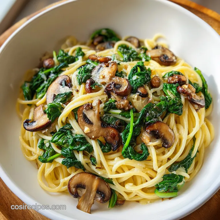Swirl of creamy pasta topped with bright green spinach and golden-brown mushrooms on a matte white ceramic plate.