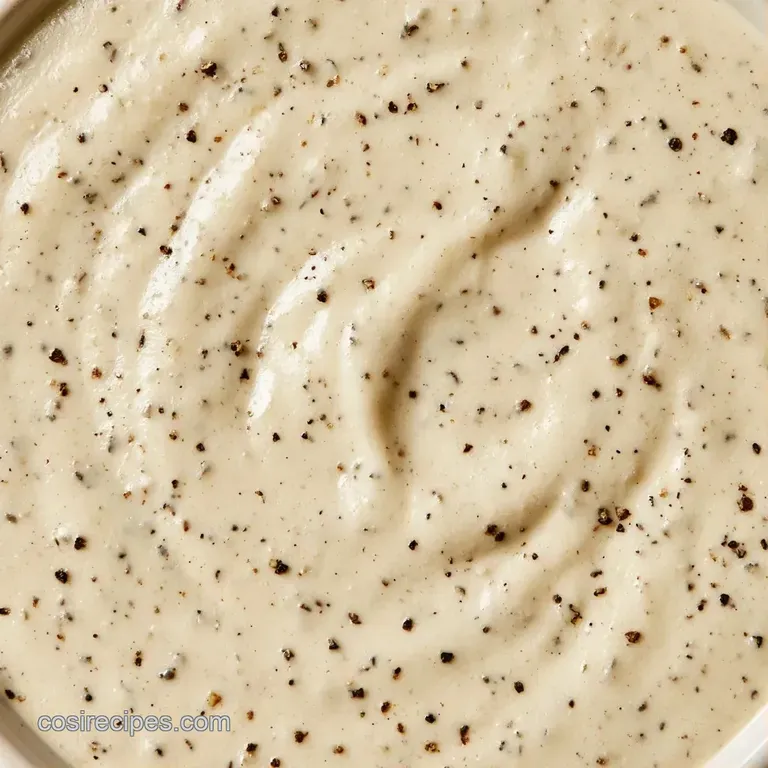Smooth, glossy white cream sauce artfully drizzled over a seared steak with a sprig of fresh green parsley.