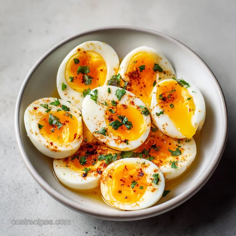 A trio of sliced hard-boiled eggs artfully arranged with cracked pepper and chives.