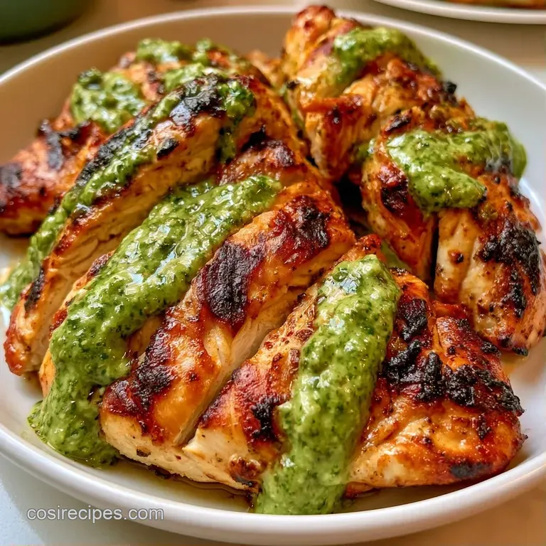 Sliced roasted chicken breast atop a swipe of zesty green sauce, garnished with fresh cilantro and lime wedges.