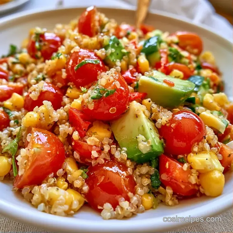 Fresh grain salad elegantly plated on white ceramic with bright cilantro sprigs and colorful diced vegetables.