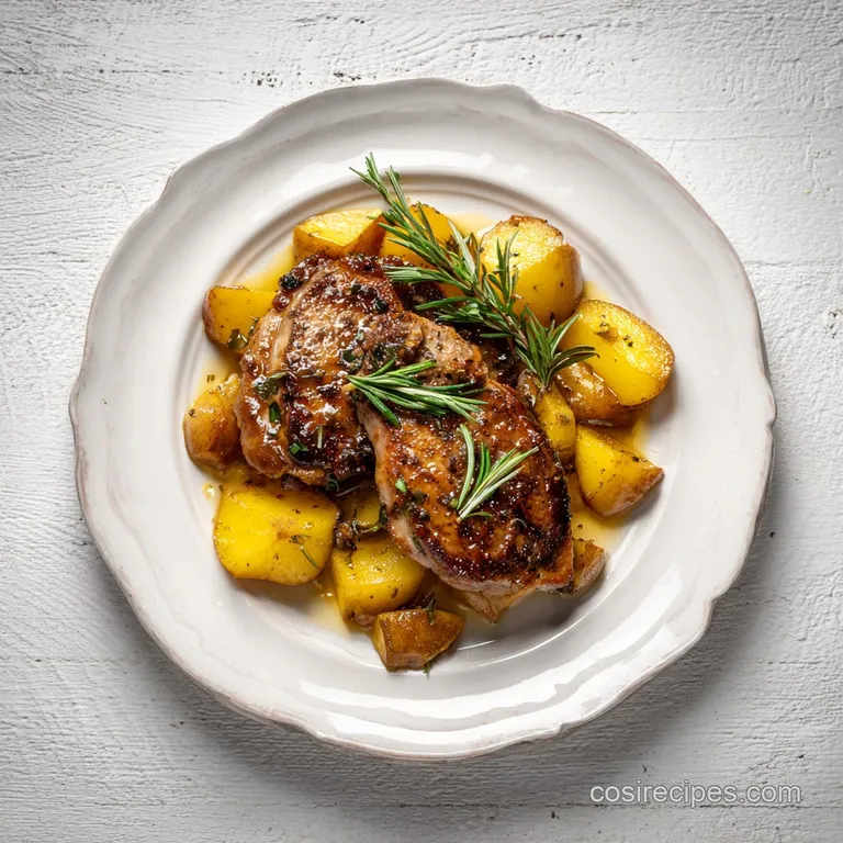 A single, thick-cut pork chop with a glistening sauce, artfully arranged with tender apple wedges on a white plate.