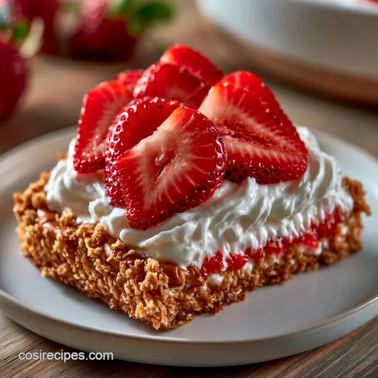 Bright red strawberry slices and golden pretzels folded into a glossy white cream, served on a white platter.