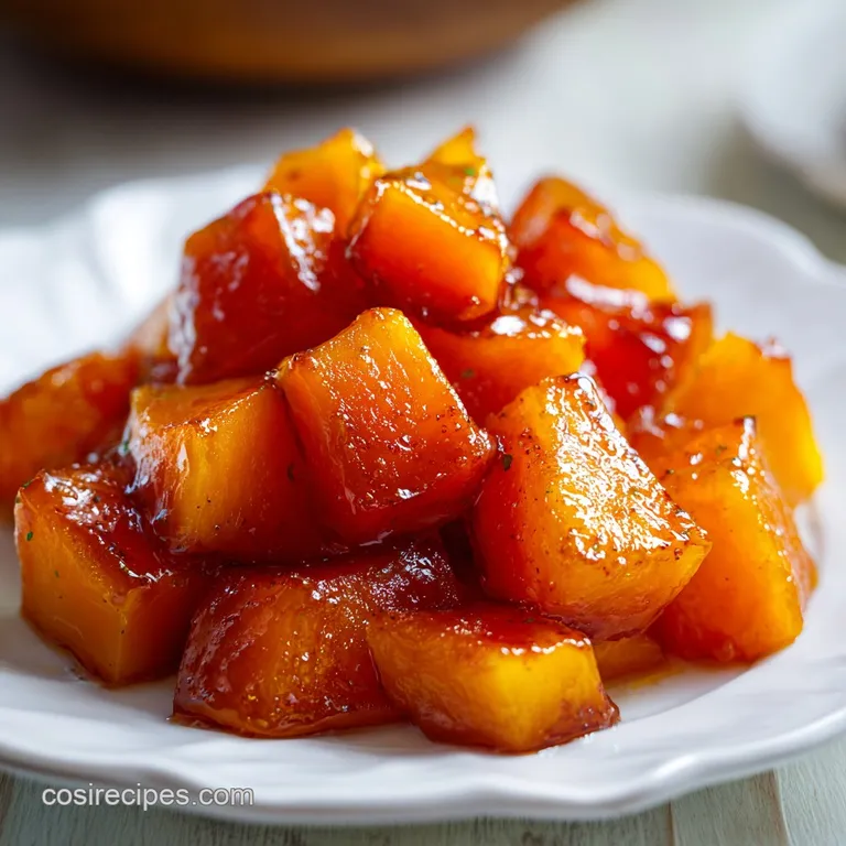 Roasted orange squash cubes arranged on a ceramic platter, garnished with fresh thyme and a glossy maple glaze.