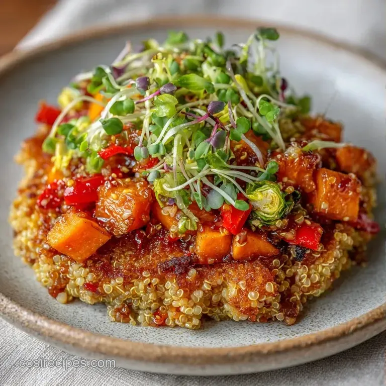Vibrant roasted carrots and charred broccoli neatly arranged over fluffy quinoa in a clean white ceramic bowl