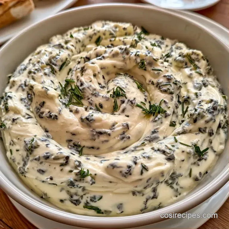 An elegant swirl of dark grey savory cream garnished with a fresh thyme sprig and cracked black pepper.