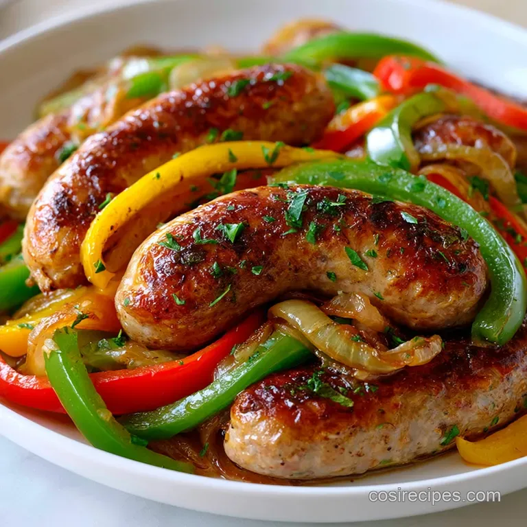 Glistening brown sausages nestled among saut&eacute;ed red and yellow peppers on a white ceramic plate with fresh parsley.