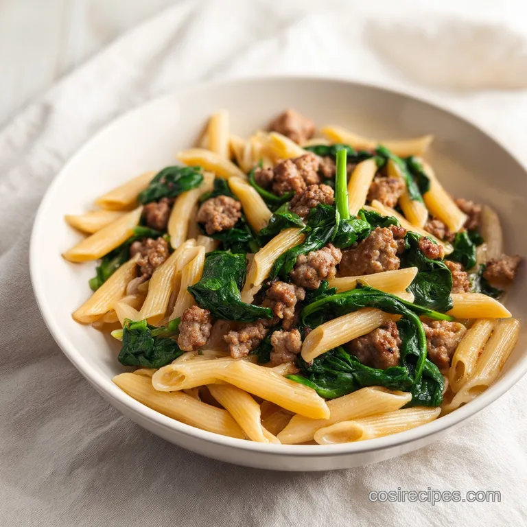 A heap of tender pasta tossed in a rich cream sauce, topped with golden sausage and a sprig of fresh green parsley.