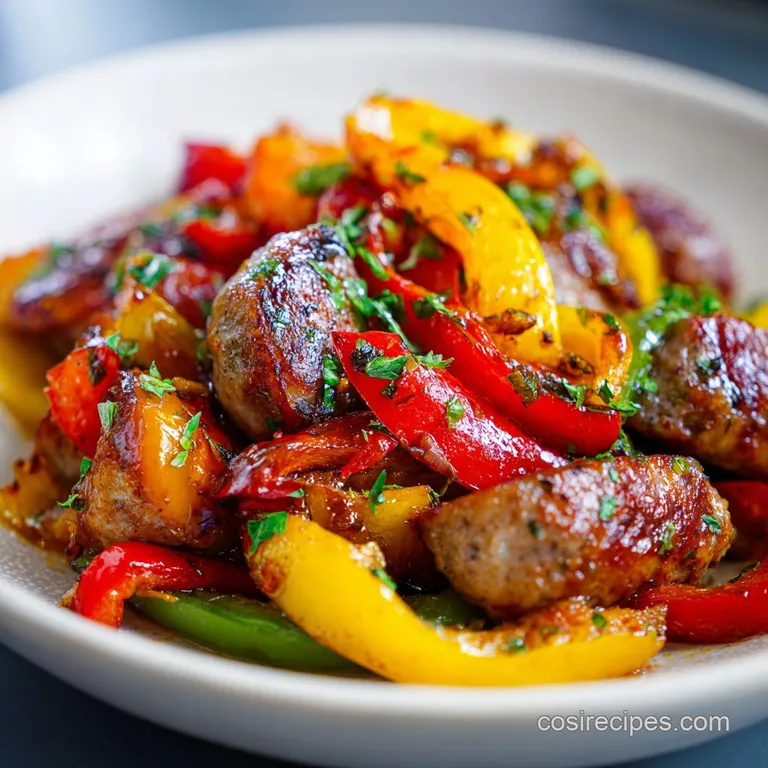 Plated sausage and peppers: glossy peppers, juicy sausage, and herbs against creamy polenta. A delicious home-cooked meal.
