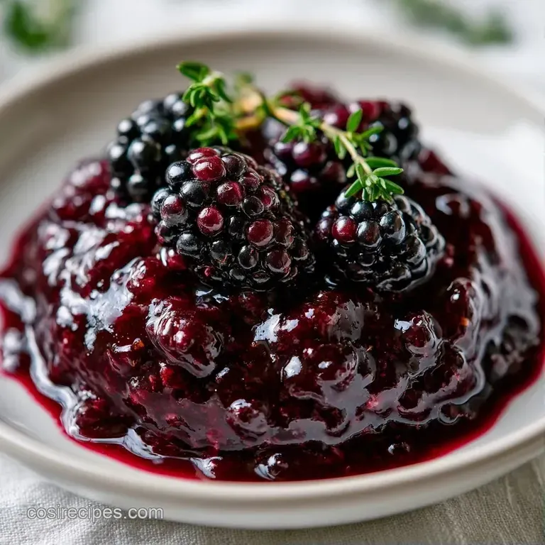 Deep purple glaze drizzled elegantly over a roasted tenderloin, garnished with a sprig of fresh green thyme.