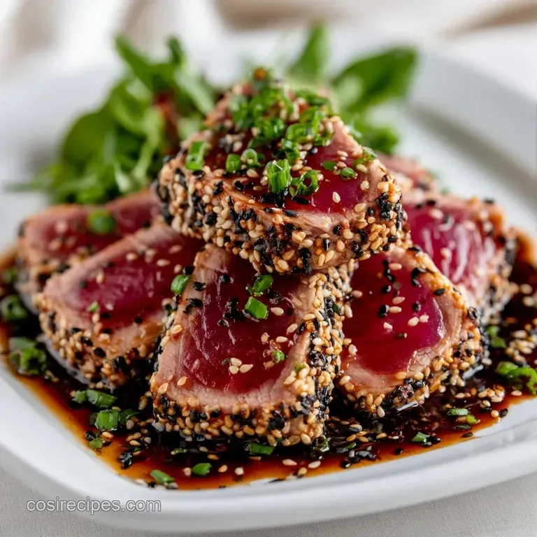 Slices of rare tuna arranged in a fan shape with a drizzle of soy glaze and bright green microgreens.