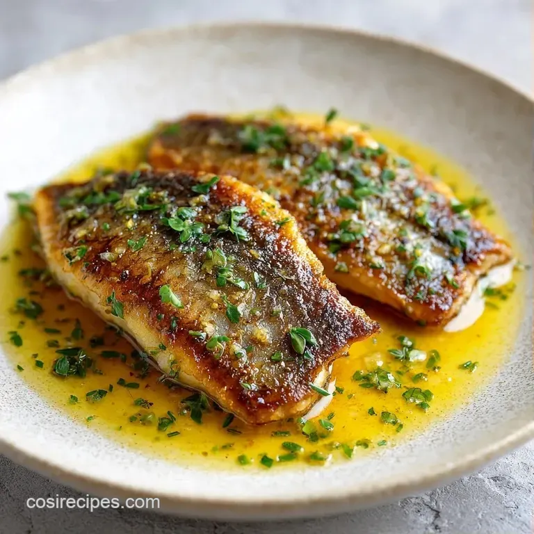 Two elegant white plates featuring flaky white fish with golden seared skin and a drizzle of bright herb oil.