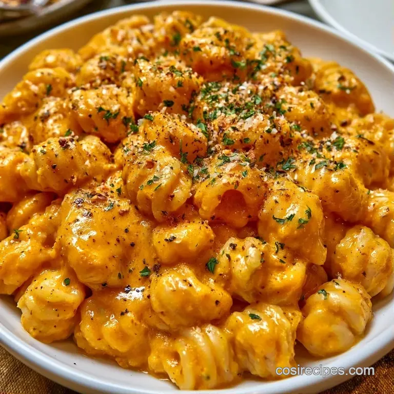 Vibrant orange pasta swirls on a clean white plate, garnished with a crisp sage leaf and cracked black pepper.