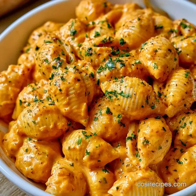 A white ceramic bowl filled with vibrant orange pasta, topped with fried sage leaves and cracked black pepper.